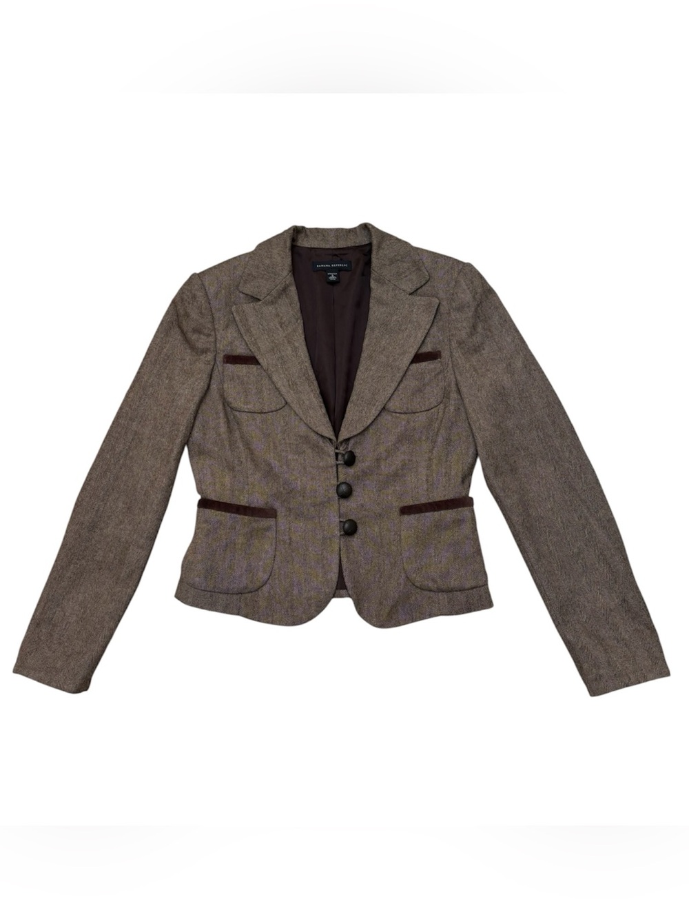 Vintage Banana Republic Wool Herringbone Elbow Patch Blazer Velvet Trim Brown 4